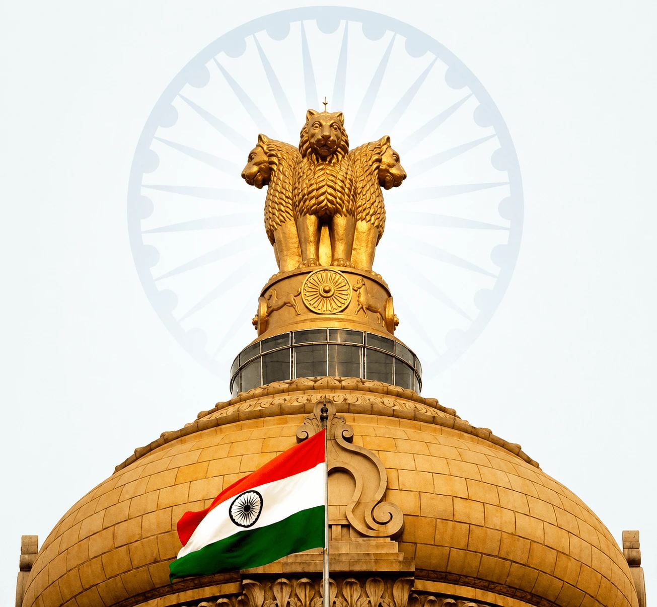 Lion Capital of Ashoka, the national emblem of India, with the tricolour and Ashoka Chakra